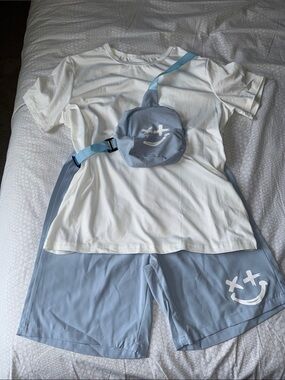 SHEIN White Tee with Light Blue Shorts & Cross-Eye Smiley Sling Bag